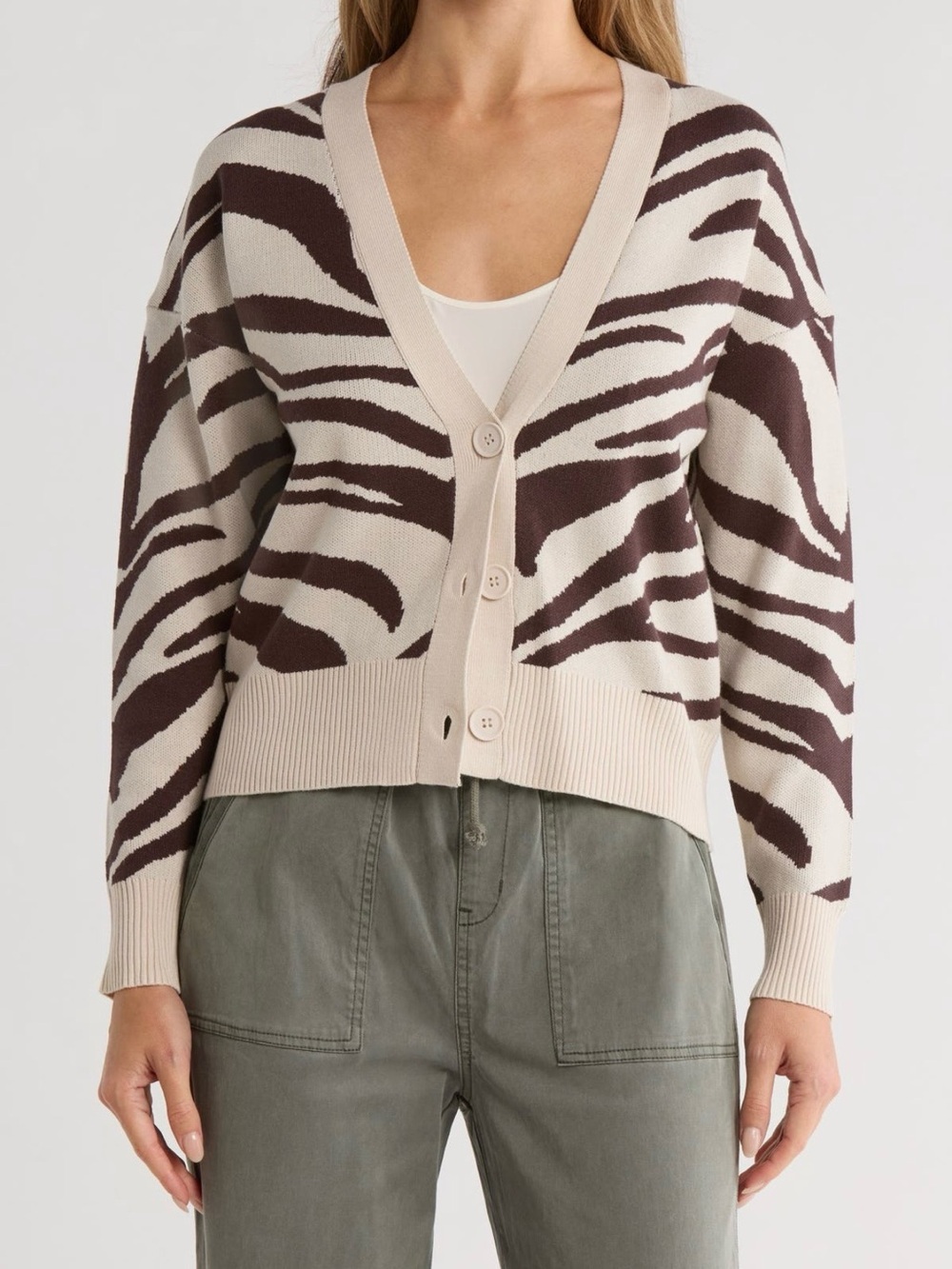 Women's V-Neck Zebra Print Button Cardigan - Cream & Brown Tahari size M-L